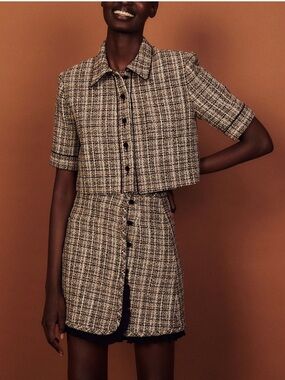 Sandro Tweed Skirt in Beige Black Size 1